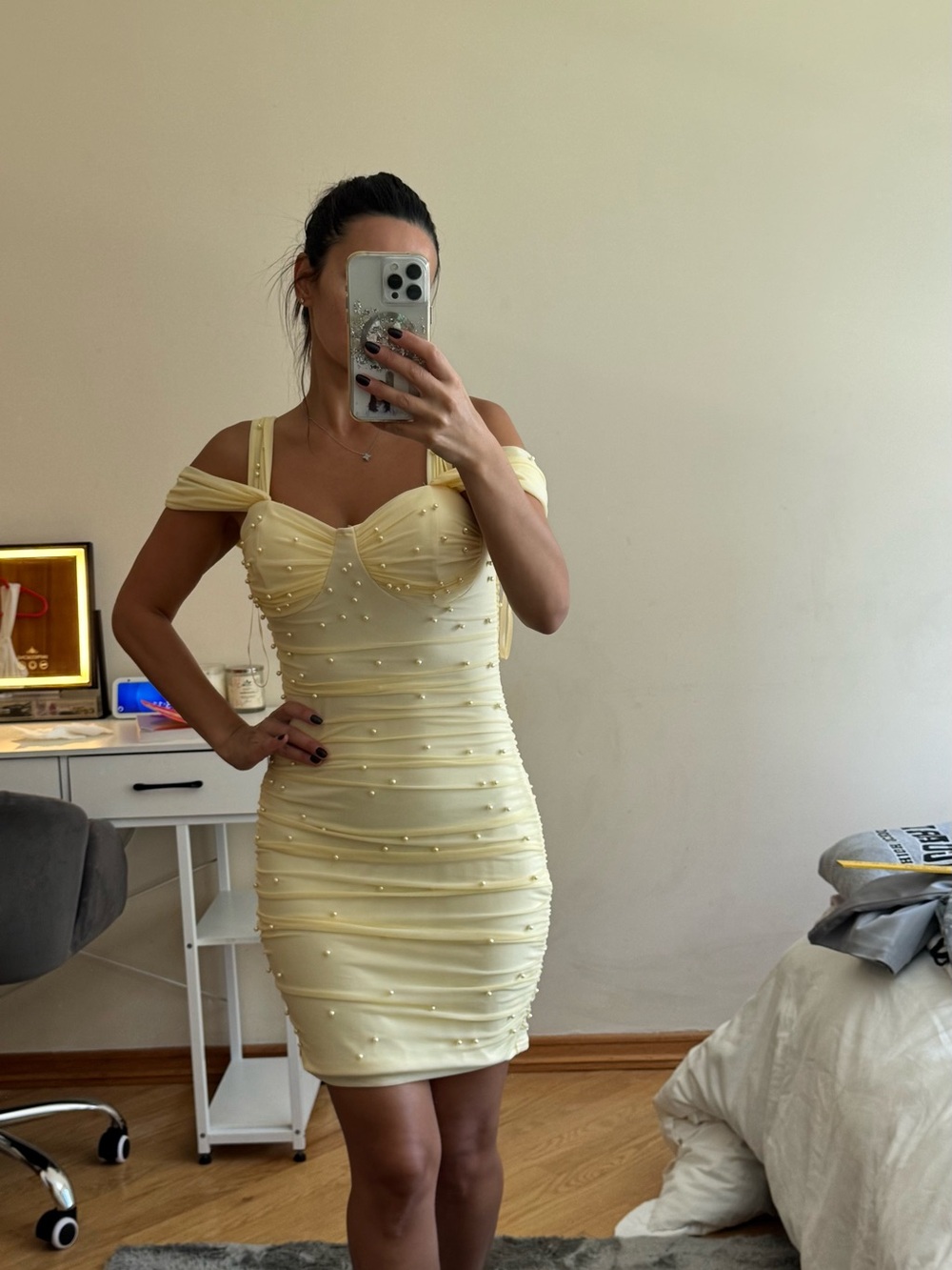 Windsor Lemon Pearl-Embellished Mini Dress